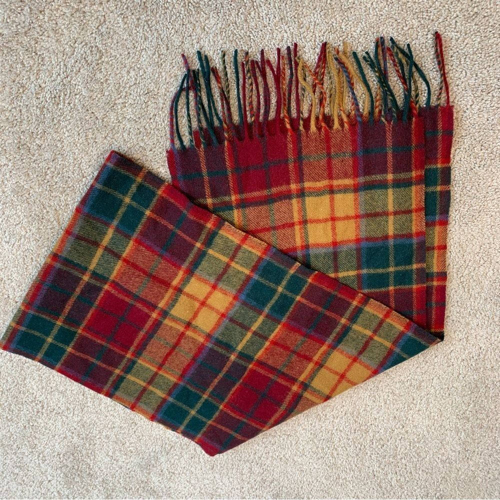 JAMES Pringle Weavers multicoloured tartan plaid wool scarf red green yellow
